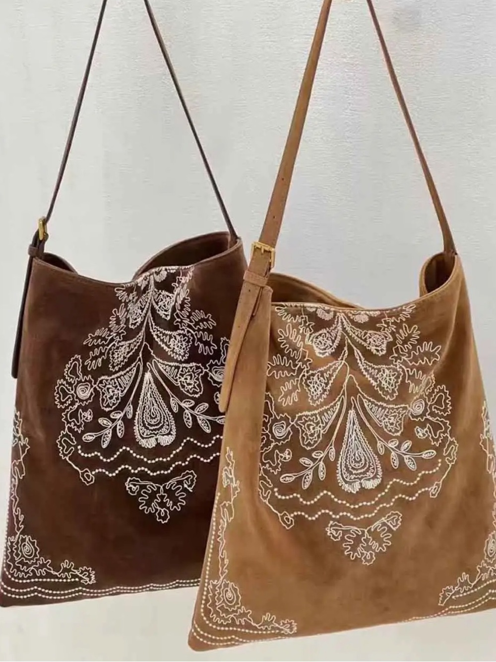 Faux Suede Embroidered Hobo Bag - Brown or Tan